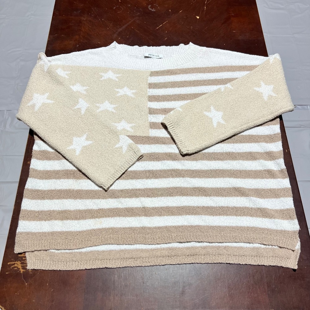 Peace‎ Love World American Flag Sweater Tan White Stars Stripes Oversized Large